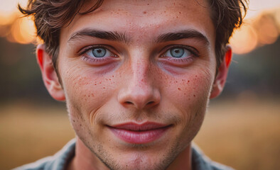 Poster - A young man with blue eyes and a beard smiles at the camera. The image has a warm, friendly mood