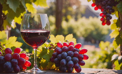 Poster - A glass of red wine is poured into a wine glass next to a bunch of grapes. The scene is set in a vineyard, with the grapes hanging from the vines