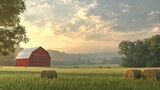Captivating Serene Idyllic Rural Landscape with Vibrant Red Barn at Sunrise - Peaceful Countryside Scene with Green Fields and Vintage Farmhouse - Tranquil Farm Life in Natural