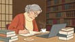 © Justlight - In a cozy library setting a retiree is conducting research on social media trends while surrounded by stacks of books. She has an open notebook filled with observations and a cup