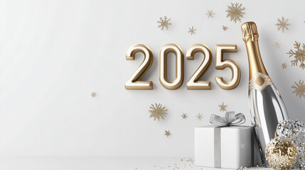 Wall Mural - Celebrating golden 2025 text with champagne and festive gift box decorations 