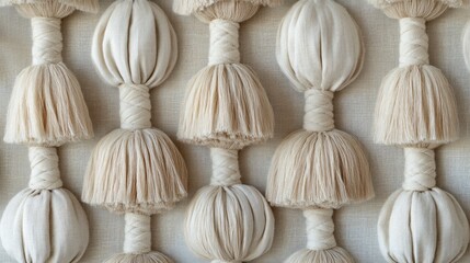 Aufkleber - Delicate tassels made from natural linen hang in perfect symmetry, showcasing intricate craftsmanship. Their soft, earthy tones blend beautifully in an artistic textile arrangement