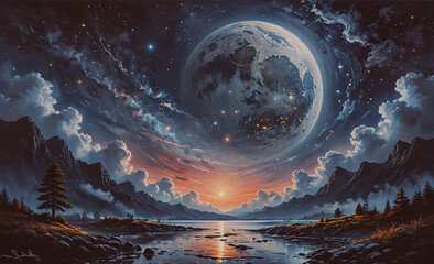 Poster - a painting of a large moon in the sky with a beautiful sunset in the background. the mood of the pai