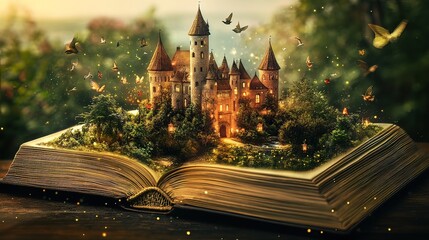 Magical castle emerging from an open antique book, surrounded by butterflies and glowing lights in a lush green setting.