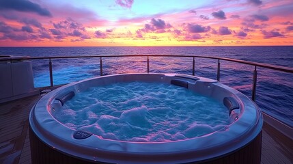 Poster - A luxurious hot tub filled with bubbles sits on the deck of a cruise ship. The colorful sunset creates a stunning backdrop over the calm ocean waters.