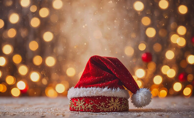 Poster - A festive red hat with a white band and a white pom pom sits on a snowy surface, creating a warm and cozy atmosphere. The hat is a perfect symbol of the holiday season, and its bright colors