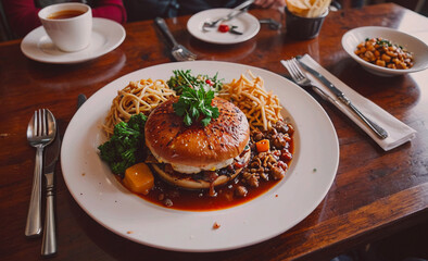 Poster - A plate of food with a hamburger on top of a bun and a side of vegetables. The plate is set on a wooden table with a fork, knife, and spoon. Scene is inviting and delicious