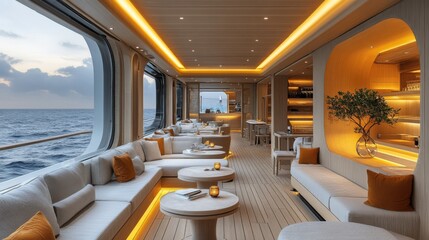 Poster - The yacht's interior showcases a sleek, modern design with stylish seating arranged around circular tables. Soft lighting enhances the inviting atmosphere as the sun sets over the ocean.