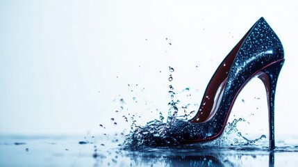 Aufkleber - A stylish high-heeled shoe splashes in water, creating dynamic droplets against a softly lit background.