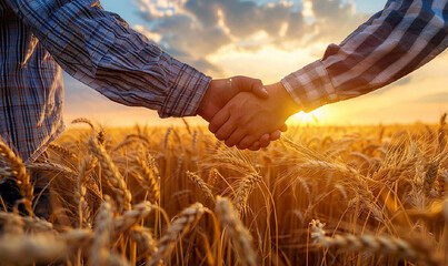 Poster - Two men shake hands in a field of wheat. The sun is setting in the background, casting a warm glow over the scene. Scene is peaceful and friendly