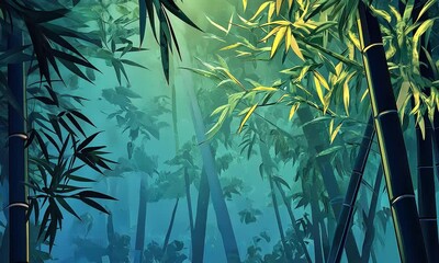 Wall Mural - A serene bamboo forest scene with lush greenery and soft light filtering through the leaves, creating a tranquil atmosphere.