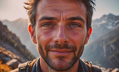 Poster - A man with a beard and glasses is smiling at the camera. The mountains in the background create a sense of adventure and excitement