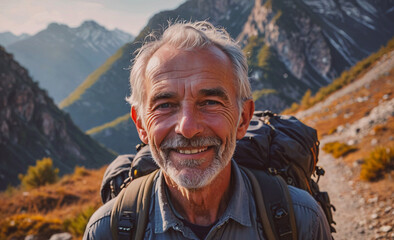 Aufkleber - A man with a backpack is smiling and looking at the camera. Concept of adventure and excitement, as the man is preparing to embark on a journey