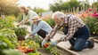 © Justlight - A group of older adults is gathered in a community garden tending to vibrant rows of vegetables. An older man kneels by a row of tomatoes instructing a young volunteer on proper
