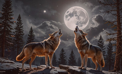 Aufkleber - Two wolves standing in the woods, one of them howling at the moon. Scene is peaceful and serene, as the wolves are in their natural habitat, surrounded by trees and the moon
