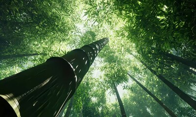 Wall Mural - A serene view of towering bamboo stalks reaching towards a bright sky, surrounded by lush green foliage.