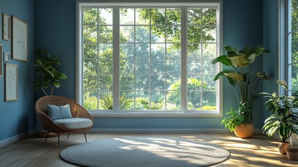 Leinwandbilder - A cozy living room features a comfortable chair and indoor plants, illuminated by sunlight pouring through large windows, showcasing a vibrant garden outside.