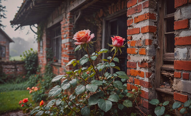Poster - A brick house with a flower growing out of a window. The flower is pink and has a green stem