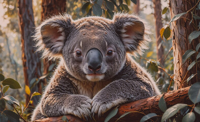 Poster - A koala is resting on a tree branch, looking directly at the camera. The scene is serene and tranquil, with the koala's large ears and fluffy fur adding to the sense of calm