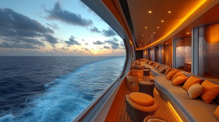 Aufkleber - A luxurious yacht deck offers plush seating facing the vast ocean, with warm lighting enhancing the ambiance as the sun sets on the horizon. The peaceful atmosphere invites relaxation.