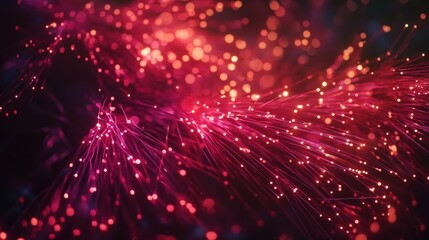 Wall Mural - Abstract red and pink glowing particles and lines, bokeh effect, dark background.