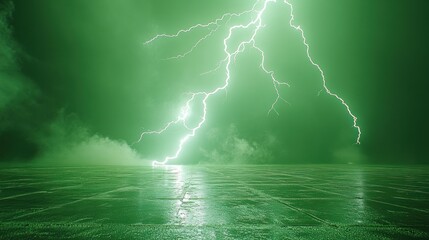 Wall Mural - green lightning strike over a dark, reflective surface.