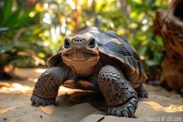 Wall Mural - A large tortoise walks on sandy ground in a lush green habitat, looking directly at the camera.