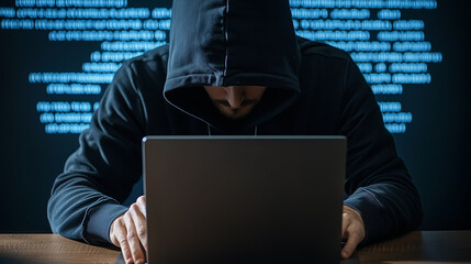 Hacker wearing a black hoodie intensely working on a laptop in a dimly lit environment