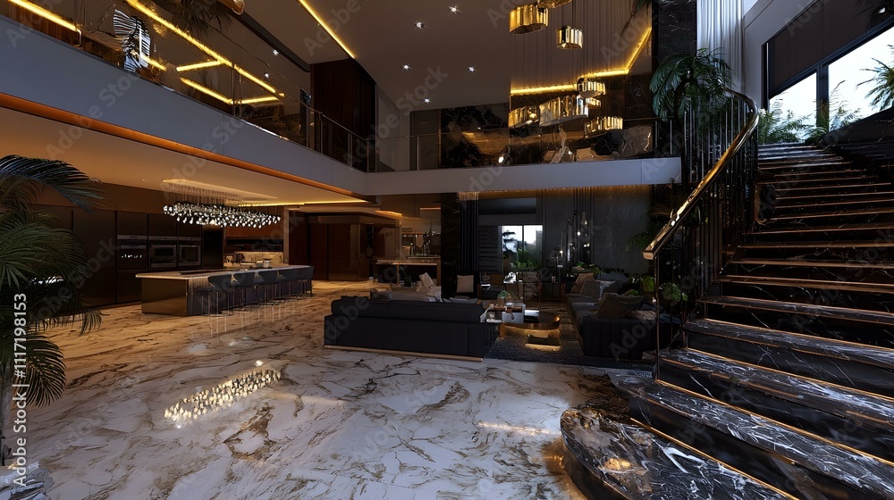 Luxurious modern home interior with marble floors, a grand staircase ...