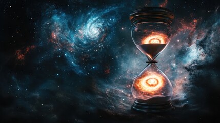 Wall Mural - Hourglass filled with cosmic nebulae against a starry backdrop, symbolizing the passage of time and the vastness of space.