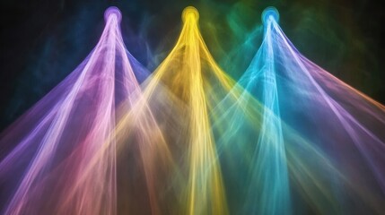 Wall Mural - Abstract light beams in purple, yellow, and blue hues with smoky textures creating a mystical, ethereal effect.