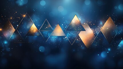 Wall Mural - abstract dark blue background with glowing gold triangles and diamonds, bokeh lights, and sparkles.