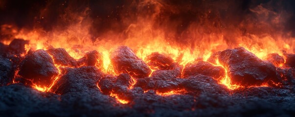 Poster - Fiery glowing rocks engulfed in intense flames and smoke.