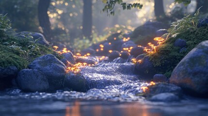 Sticker - Glowing mushrooms illuminate a serene forest stream at sunset.