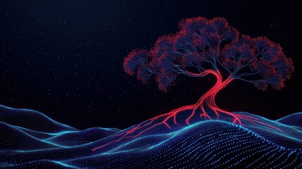 Wall Mural - Glowing digital tree with vibrant roots on a dark, undulating landscape.