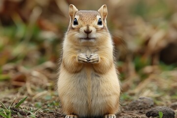 Wall Mural - Adorable chipmunk standing on hind legs, looking directly at the camera in a natural outdoor setting.