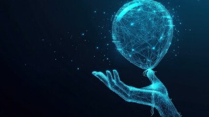 Poster - Digital art creation hand releasing a glowing balloon virtual space 3d animation futuristic environment creative concept