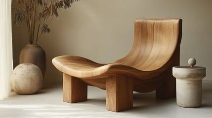 Wall Mural - modern minimalist wooden lounge chair in a contemporary interior setting.