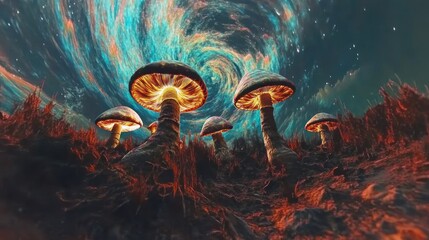 Wall Mural - Glowing mushrooms under a swirling cosmic sky.
