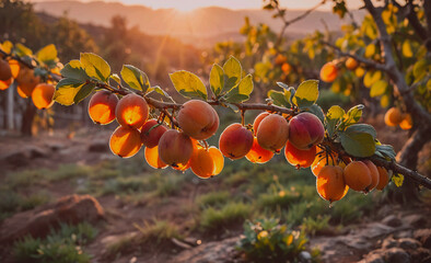 Poster - A tree with many ripe peaches hanging from it. The sun is setting in the background