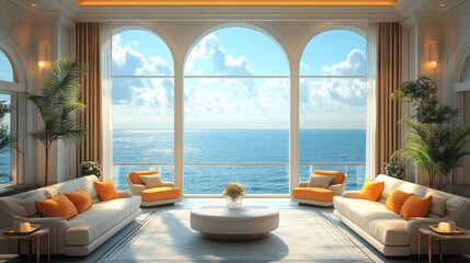 Poster - A spacious living room features large windows overlooking the ocean. Cozy sofas with orange accents create a welcoming atmosphere filled with natural light.