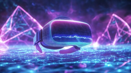 Poster - Futuristic VR headset in neon-lit landscape.