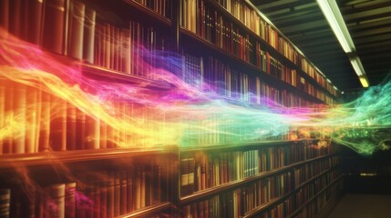 Canvas Print - Magical rainbow light flows from bookshelves in a library.