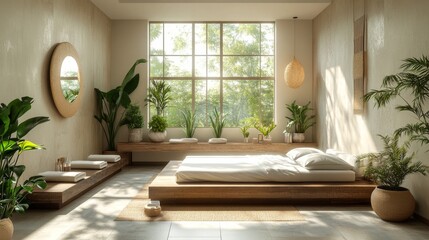 Aufkleber - This tranquil bedroom showcases a large wooden bed and benches, illuminated by natural light through expansive windows. Indoor plants enhance the calming atmosphere.