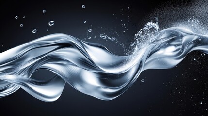Wall Mural - Abstract flowing water, liquid wave splash with bubbles on dark background.