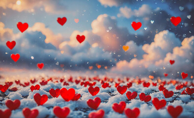 Poster - A field of red hearts is scattered across a snowy landscape. Concept of love and warmth, as the hearts are a symbol of affection and care. The snow-covered ground adds a touch of serenity