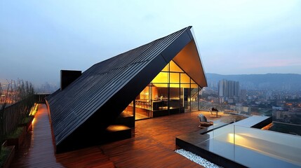 Wall Mural - Modern rooftop penthouse with infinity pool, city view at dusk.