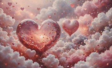 Poster - A heart-shaped cloud with two hearts floating in it. The clouds are pink and the hearts are red