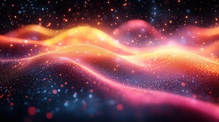 Wall Mural - abstract glowing waves of particles in vibrant orange, pink, and blue hues.