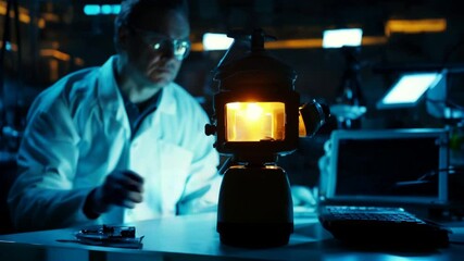 Poster - Scientist Examining Bright Chemical Reaction in Laboratory Setting